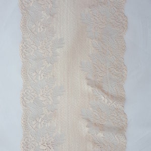 May include: A beige lace trim with a delicate floral pattern. The lace is soft and flowing, with a scalloped edge.