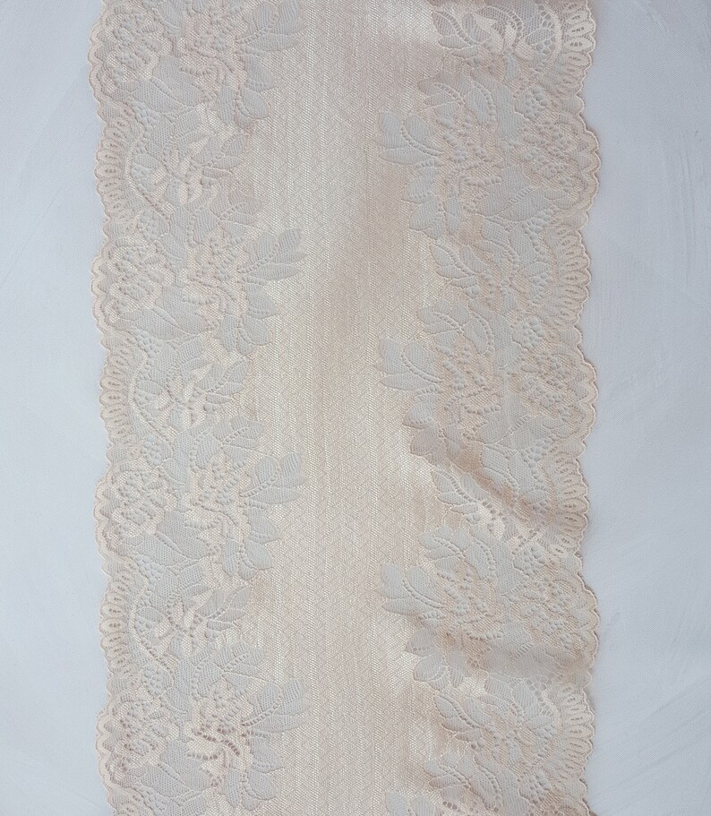 May include: A beige lace trim with a delicate floral pattern. The lace is soft and flowing, with a scalloped edge.