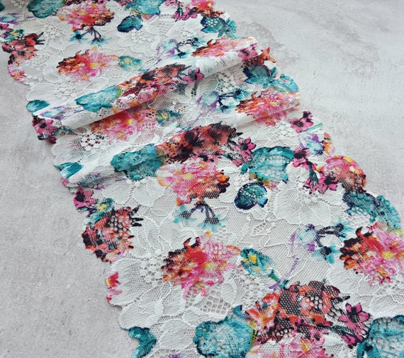 Floral Print Lace Fabric, Colorful Stretch Lace Trim, Elastic Lace