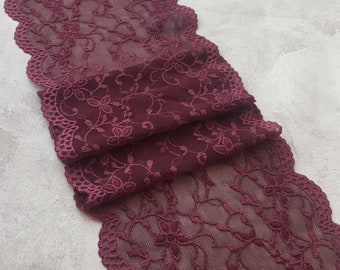 Burgundy Stretch Lace, Floral Elastic Lace Trim, width 16.2 cm / 6.37", Nr 222