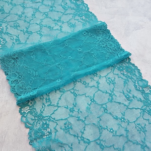 Green Blue Stretch Lace Trim, Floral Elastic Lace for Bra, width 25 cm / 9.84&quot;, Nr Q4115
