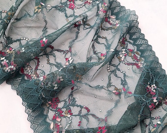 Kleine elastische elastische kantrand met bloemen, groen kant voor lingerie, bh maken, 23,2 cm breed, Nr. 933