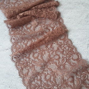 Brown Corded Stretch Lace Trim, Elastic Wide Lace Fabric, width 24.5 cm / 9.64&quot;, Nr Q4208