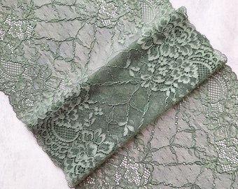 Greyish Green Stretch Lace, Floral Elastic Lace for Bra, width 24.3 cm/ 9.6", Nr 803