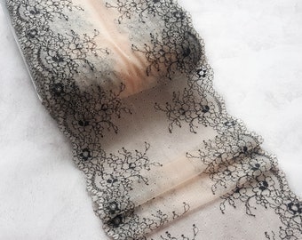 Light Peach and Black Stretch Lace Trim, Elastic Lace Fabric, Wedding Lingerie Lace width 21.5 cm / 8.26", Nr 690