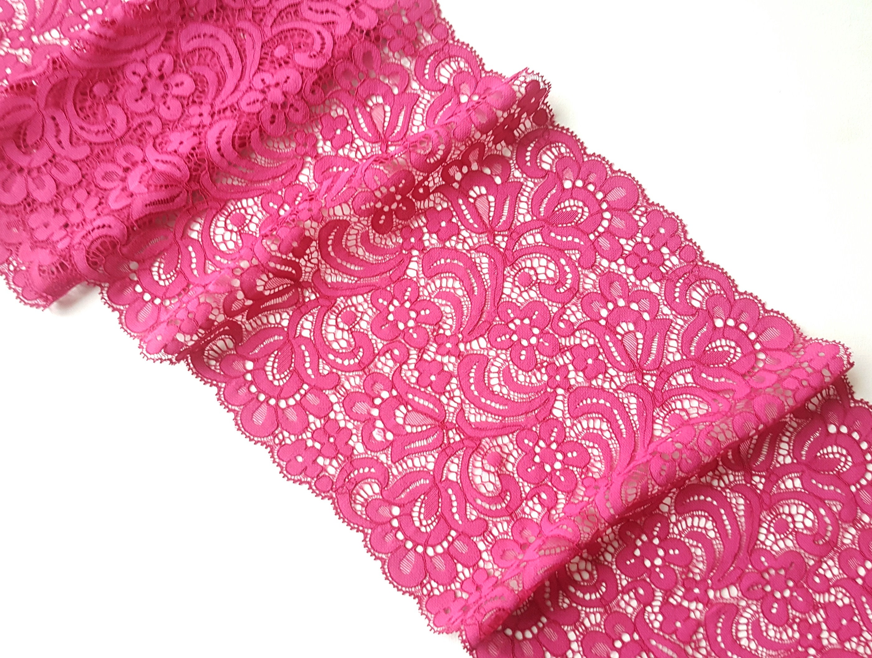 Pink Fuchsia Floral Stretch Lace, Corded Elastic Lace Trim