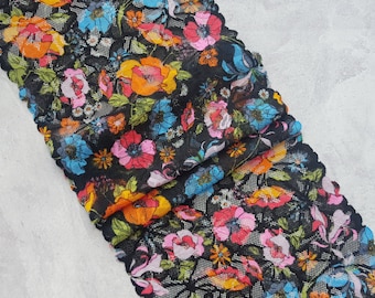 Colorful floral print stretch lace trim, Elastic lace, Printed lace fabric width 19 cm / 7.48", Nr 743