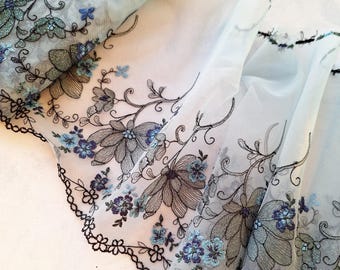 Black and Blue Embroidery Tulle Lace Trim, Inelastic Bright Mesh Lace Fabric, Bra Making Lace width 23 cm/ 9", Nr 874