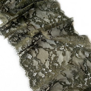 Khaki Chantilly lace trimming, Eyelash stretch lace, Lingerie lace trim, French lace, width 23.6 cm / 9.05&quot;, Nr 516