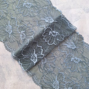 Greyish Green Stretch Lace, Floral Elastic Lace for Bra, width 24 cm/ 9.4&quot;, Nr 815