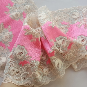 Rosa Silber Stretch Spitzenband, breite elastische Spitze Wäsche, Nähbreite 22 cm, Nr 730