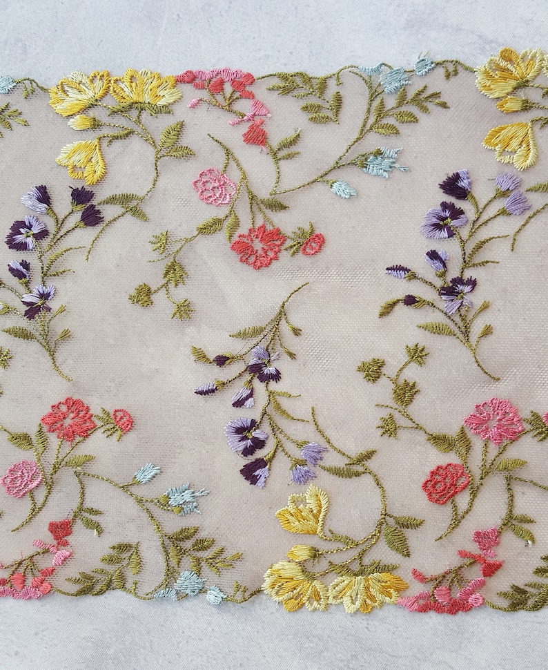 Bordure en dentelle de tulle brodée colorée, tissu en dentelle à mailles lumineuses non élastiques, soutien-gorge faisant de la dentelle, largeur 21 cm/8,26, Nr 734 image 6