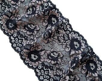 Black and Dusty Rose Lingerie Stretch Lace Trim, Floral Galloon Lace, Scalloped Edges, Lingerie Sewing, 18.5 cm / 7.2" Wide, Nr 314
