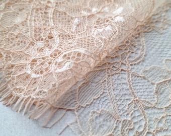 3.2 yards Light Peach Eyelash Chantilly Lace Trim, 23.5 cm / 9.2" Wide, Inelastic Lace Fabric for Lingerie, Nr 081