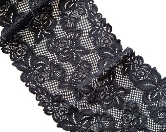 Black Lingerie Stretch Lace Trim, Floral Galloon Lace, Elastic Scalloped Lace, 18.5 cm / 7.2" Wide, Nr 445