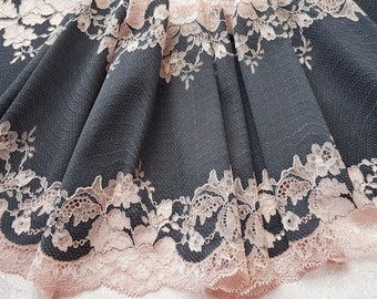 Black Stretch Lace Trim, Wide Elastic Lace Fabric, Wedding Lingerie Lace width 24 cm / 9.45", Nr 696