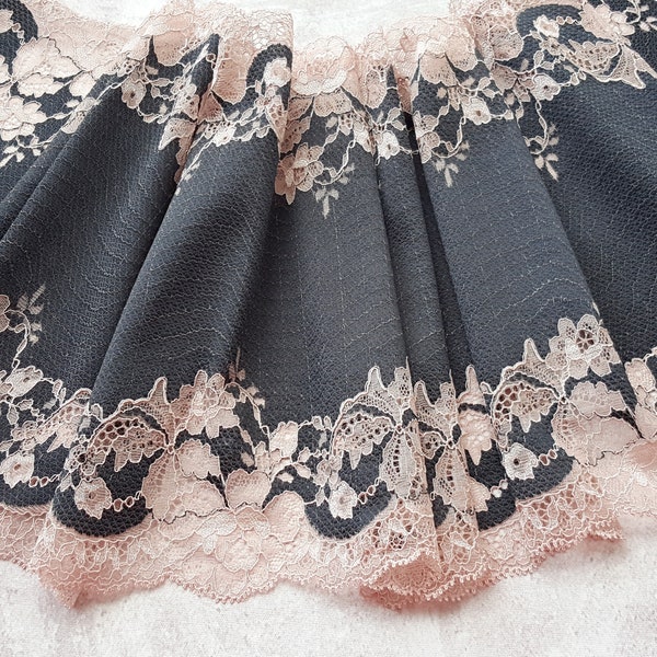 Black Stretch Lace Trim, Wide Elastic Lace Fabric, Wedding Lingerie Lace width 24 cm / 9.45", Nr 696
