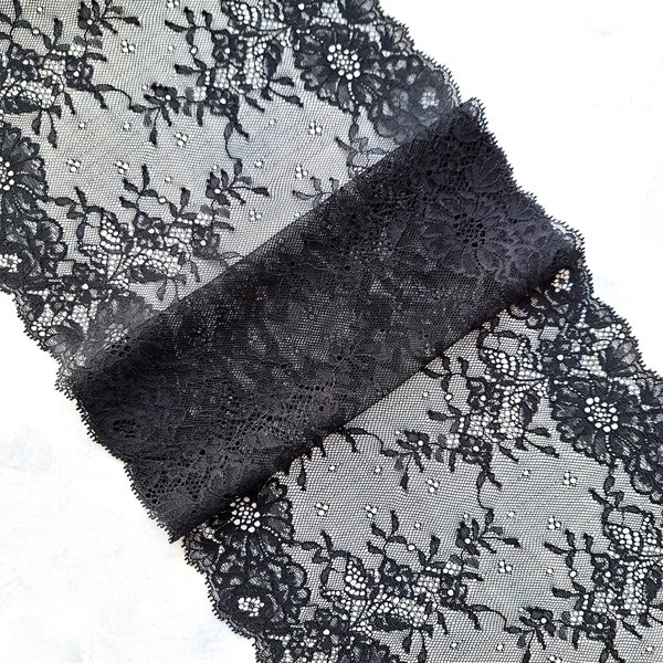 Black Stretch Lace Trim for Lingerie, Elastic Lace, width 23.5 cm / 9.2", Nr 856