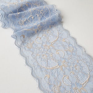 Light Blue Eyelash Stretch Lace Trim, Chantilly Floral Lace, width 6.7&quot; / 17.2 cm, Q4214