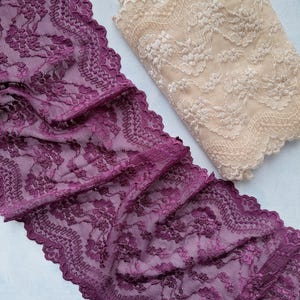 Purple or Beige Stretch Lace Trim, beige lace width 14.3 cm/ 5.63&quot;, Nr 391, purple lace width 18 cm / 7&quot;, Nr 457