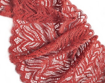 Slightly Stretched Lace Trim, Dark Ruby Red Floral Lingerie Lace, 24.5 cm / 9.64" Wide, Nr 762