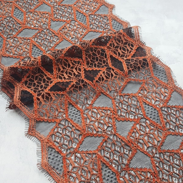 3,28 yards Orange et Noir Chantilly Lace Trim, Tissu de dentelle de cils, Français dentelle, dentelle non élastique, largeur 10,2" / 26 cm, Nr 769