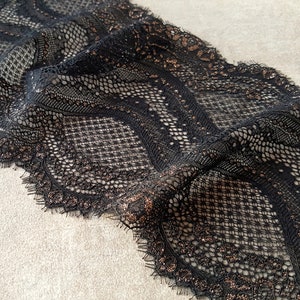 Black Chantilly Eyelash Lace, Stretch Lace Trim, Elastic Lace Lingerie Sewing, 19.5 cm / 7.67&quot; Wide, Nr 513