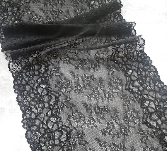 Black Extra Wide Stretch Lace Floral Elastic Lace Trim Width 33.2