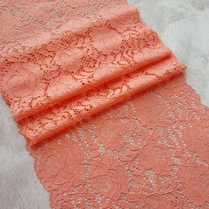 Coral Rose Stretch Spitzenbesatz, Floral Elastischer Spitzenstoff, Französische Spitze Breite 22 cm / 8.66", Nr 689