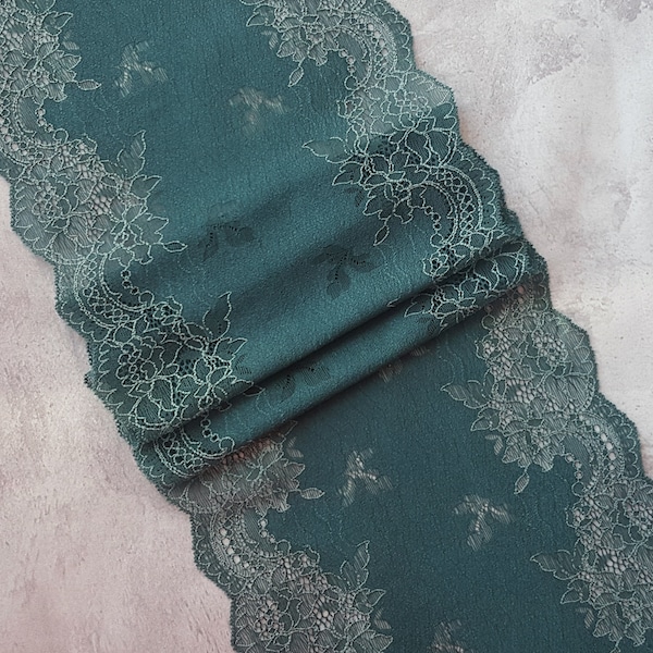 Teal Stretch Lace, Floral Elastic Lace for Bra, width 22.5 cm / 8.8", Nr 687