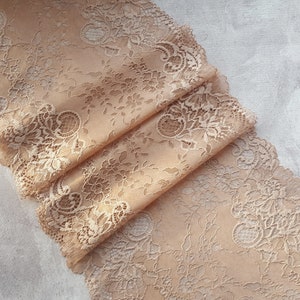 Soft Brown Stretch Lace Trim, Vintage Style Elastic Lace, French lace, width 23.8 cm / 9.3&quot;, Nr 677