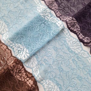 Brown Elastic Lace Trim, Dark Purple Stretch Lace Bra Making, Light Blue Floral Lace Fabric width 15 cm / 5.9&quot;, Nr 4155/4254/4241