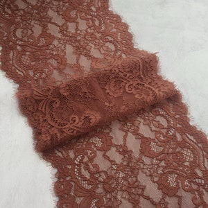 Saddle Brown Chantilly Eyelash Lace, Stretch Lace Trim, Wide Elastic Lace Lingerie Sewing width 22.8 cm / 8.9", Nr 778