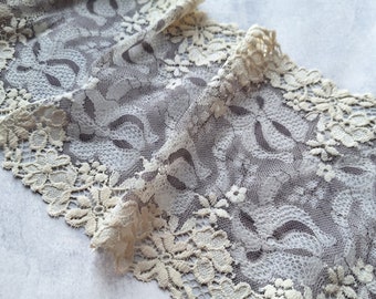 Gray Ivory Stretch Lace Trim, Vintage Style Floral Wide Elastic Lace, 17.2 cm / 6.7" Wide, Nr Q1072
