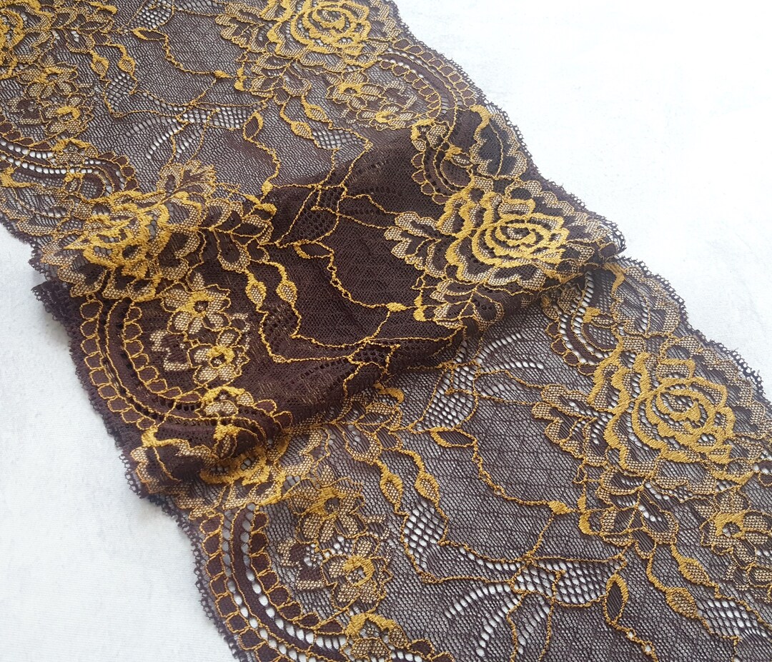 Mustard Ruffle Trim Brown and Mustard Stretch Lace Trim, Wide Elastic Lace Width 20.8 Cm ...