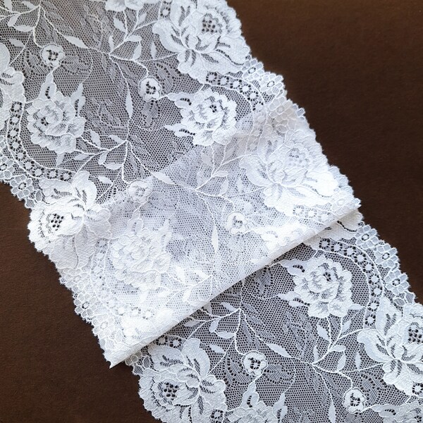 White Stretch Lace Trim for Lingerie, Floral Lace, Elastic Lace, width 18.5 cm / 7.2", Nr Q7231