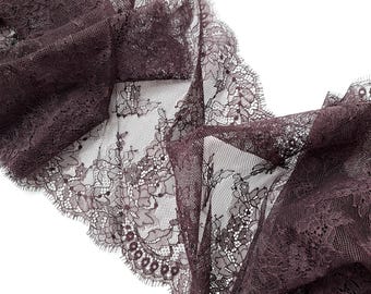 3.17 yards Dark Purple Brown Eyelash Chantilly Lace Trim, 26.5 cm / 10.4" Wide, Inelastic Lace Fabric for Lingerie, Nr 080
