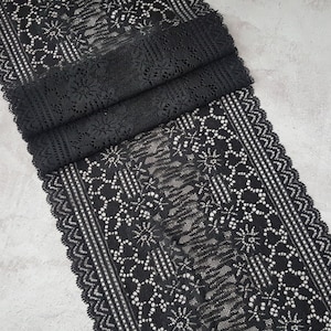 Black Wide Stretch Lace Trim, Floral Elastic Lace Fabric, width 23.3 cm / 9.17&quot;, Nr 332