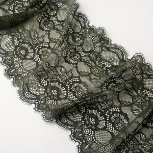 Dark Olive Green Chantilly Eyelash Lace, Stretch Lace Trim, Wide Elastic Lace Lingerie Sewing width 23.2 cm / 9.06", Nr 606