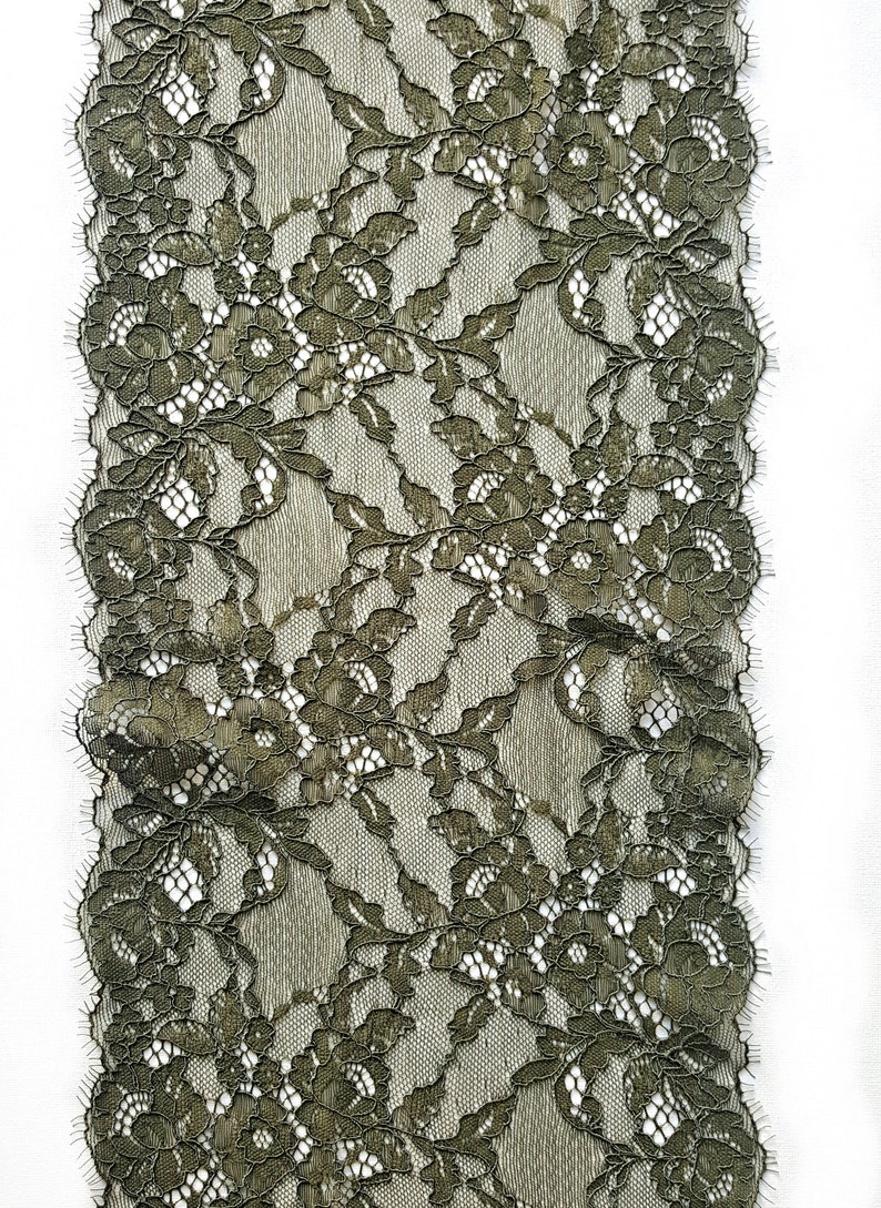 Khaki Chantilly lace trimming, Eyelash stretch lace, Lingerie lace trim, French lace, width 23.6 cm / 9.05, Nr 516 image 3