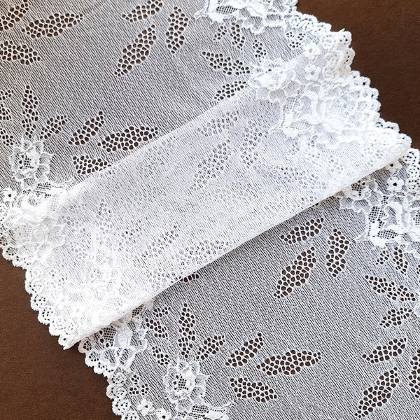 White Stretch Lace Trim for Lingerie, Elastic Lace, width 23 cm / 9", Nr Q2291