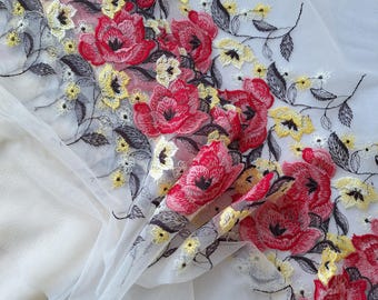 2.18 yards Mirrored Colorful Embroidered Lace Trim Lingerie Sewing, Floral Mesh, 25 cm/ 9.8" Wide, Nr 888