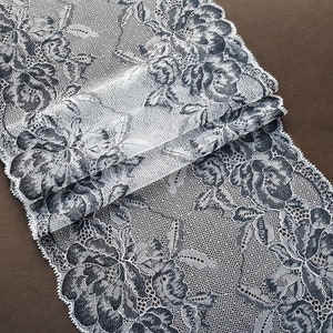 White and Black Stretch Lace Trim, Elastic Lace Fabric, Wedding Lingerie Lace width 22.5 cm / 8.5&quot;, Nr 676