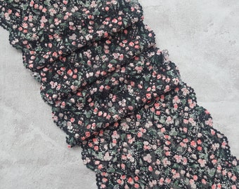 Mini flowers print lace trim, Colorful stretch lace fabric, Elastic lace for bra, 18 cm / 7.08" Wide, Nr 660