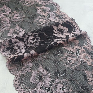 Black and Rose Stretch Lace Trim, Elastic Lace Fabric, Wedding Lingerie Lace width 24.5 cm / 9.6&quot;, Nr 780