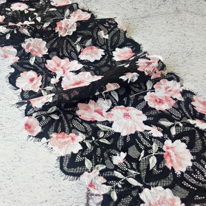 Wimperkant, elastische kanten rand, zwarte stretchkant, stof met bloemenprint, breedte 19,5 cm / 7,67", NrQ009