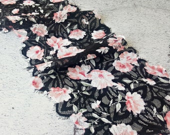 Eyelash lace, Elastic lace trim, Black stretch lace, Floral print fabric, width 19.5 cm / 7.67", NrQ009