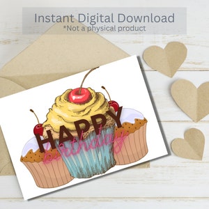 Cupcake Card - Happy Birthday Card - Instant Download PDF - Card Template - Rina Paperie