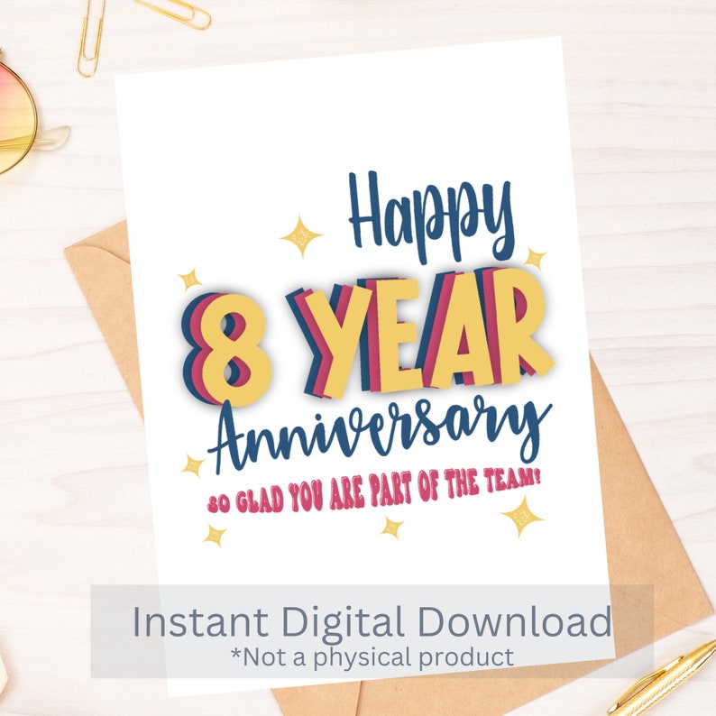 8 Year Work Anniversary Card: Printable PDF Template (instant Download ...