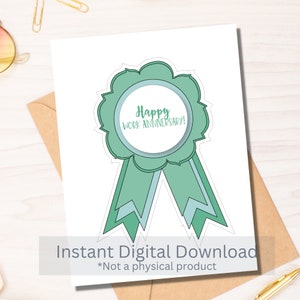 Happy Work Anniversary - Green Ribbon Award Card - Instant Download PDF - Card Template - Rina Paperie